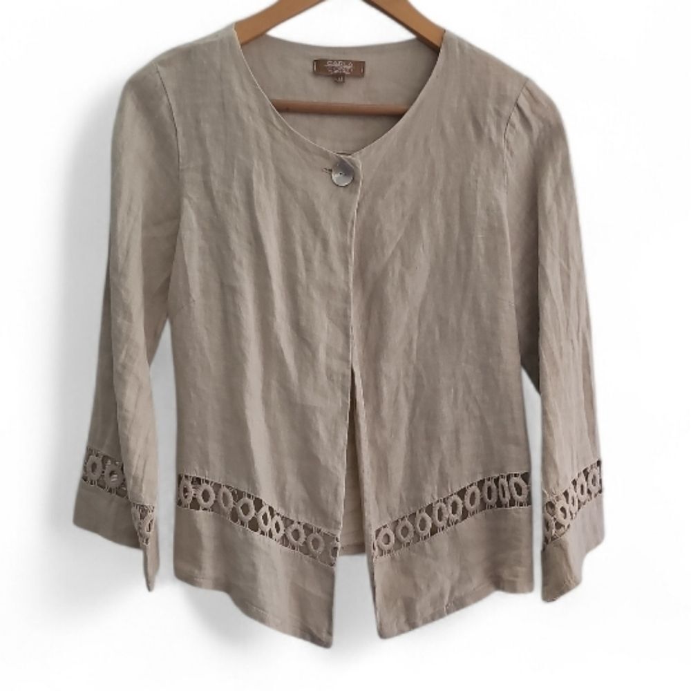 Carla Conti 100% Linen Jacket Women’s M Made Italy Taupe Eyelet Trim Resort